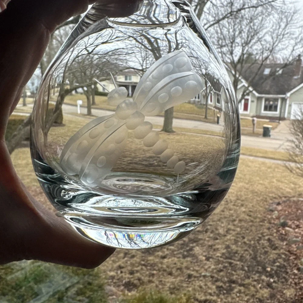 KROSNO Poland Clear Crystal Glass Vase‎ Etched DRAGONFLY for Crate & Barrel 4